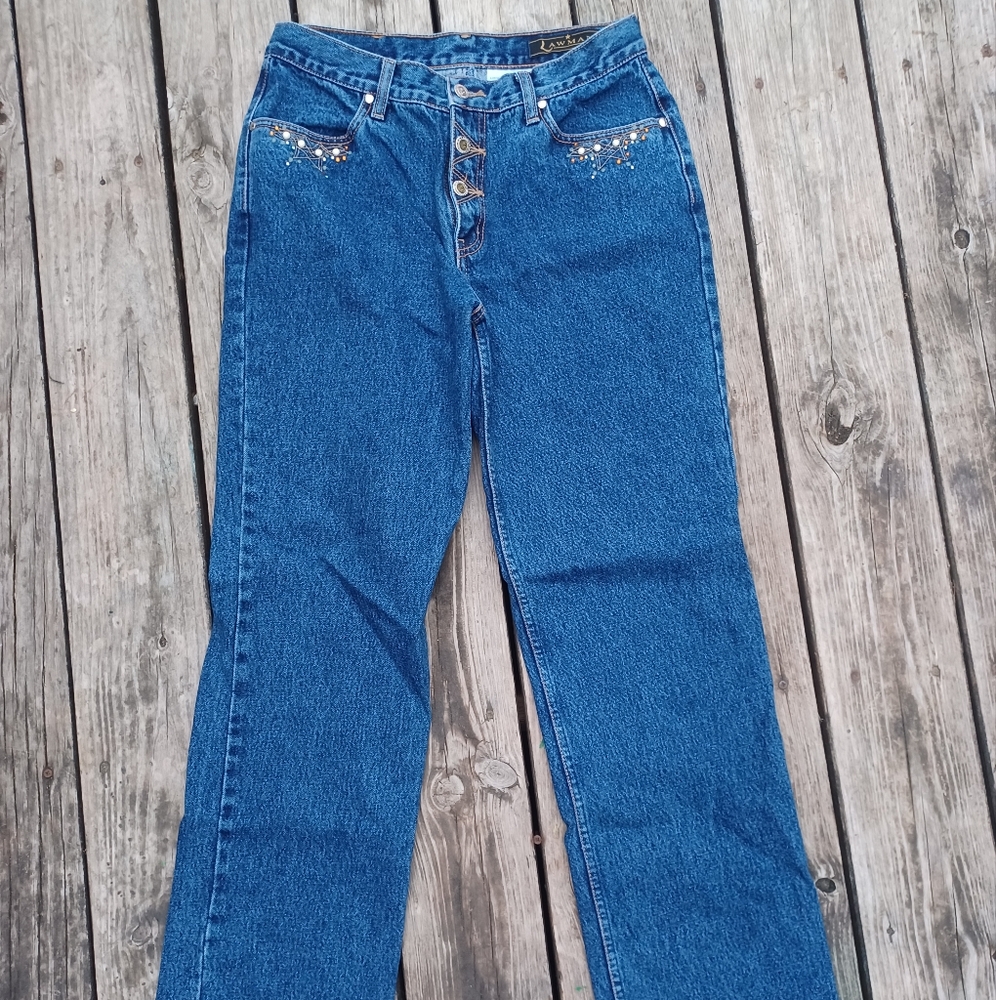 Vintage Lawman Western Jeans High Rise Embroidered Blue Jeans Size 9 Gems